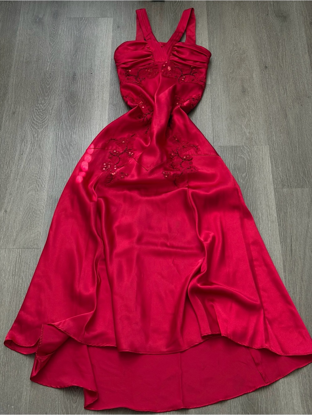 Masquerade Red Satin Embroidered Maxi Dress Y2K Fairy Prom Formal Dress Size 3/4